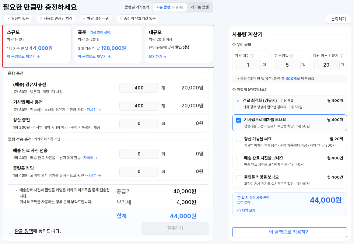 충전 화면 — 위쪽 소규모·표준·대규모 추천 구성 카드(빨간 상자로 표시), 왼쪽 운행 충전·알림 전송 충전 입력칸과 합계, 오른쪽 사용량 계산기