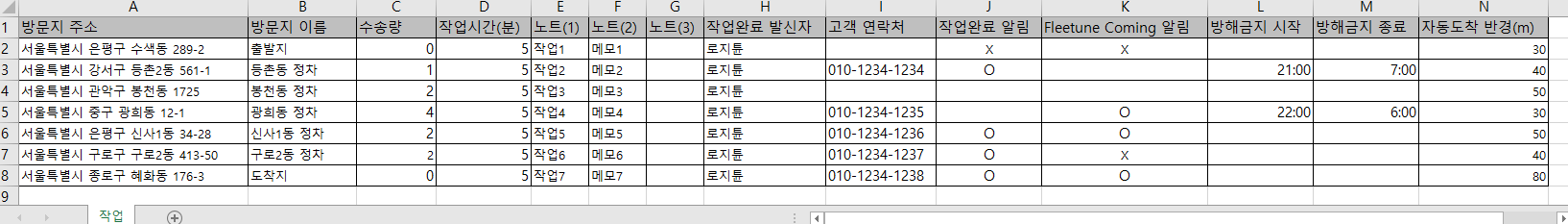 전체 옵션 템플릿을 채운 예시. 첫 줄이 출발지, 마지막 줄이 도착지이며 비워 둔 칸은 그냥 쓰지 않는 값입니다.